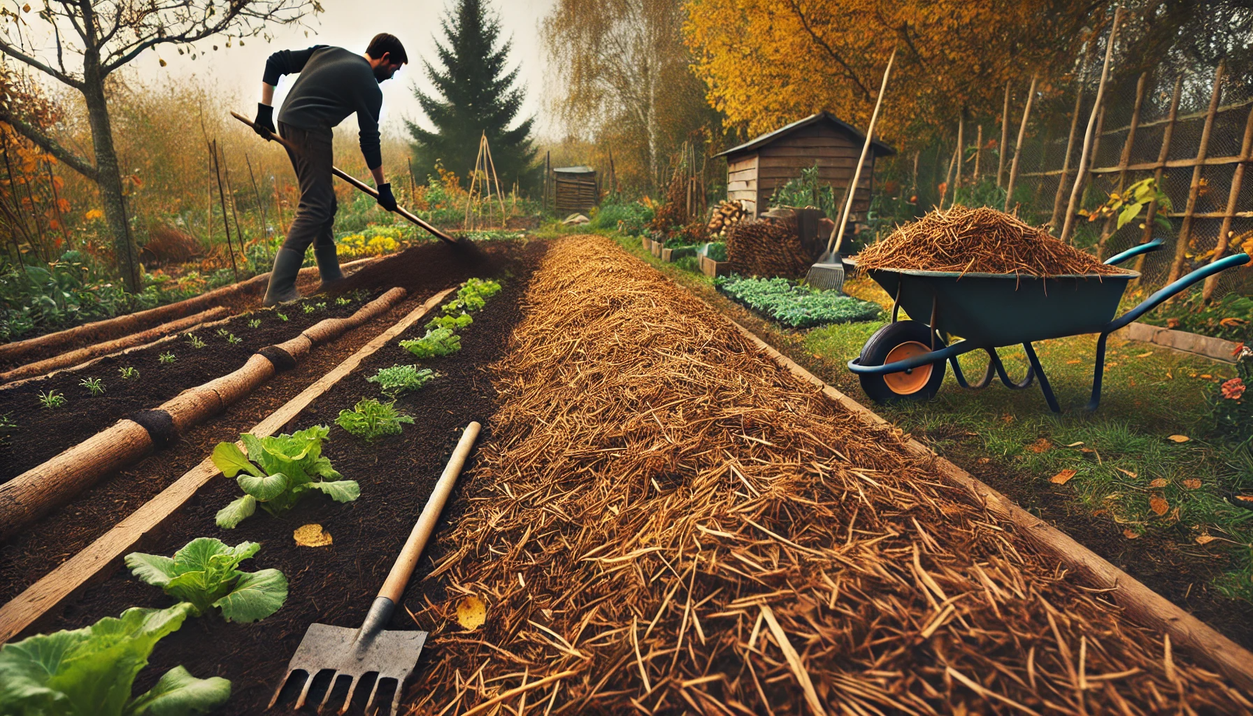 DALL·E_2024-10-25_00.48.10_-_The_process_of_covering_garden_beds_with_mulch._The_scene_shows_a_gardener_applying_mulch_(organic_materials_like_straw_or_wood_chips)_to_garden_beds.png